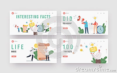Interesting Facts Landing Page Template Set. Did You Know Announcement. Tiny Characters with Loudspeaker and Light Bulb Vector Illustration