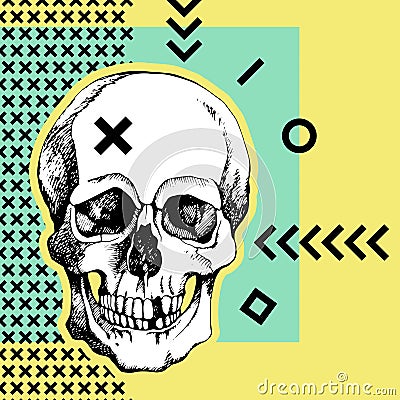 Interesting skull . Painted, bright and attractive. Hand drawn with hatching Stock Photo