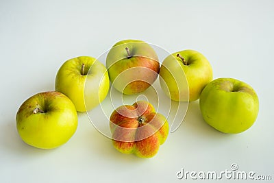 An interesting, unusual, strange apple. An ugly apple surrounded by ordinary ones. The photo symbolizes individuality , leadership Stock Photo
