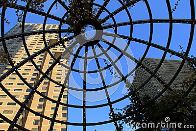 Interesting view of city architecture through open skylight Stock Photo