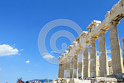 An interesting view of the Parthenon columns facing a blue sky atop the Acropolis in Greece. Stock Photo