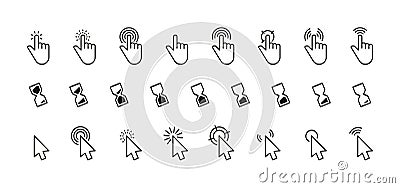 Interface cursor icon. Computer mouse click arrow or finger pointer loading sign, simple internet connection web buttons Vector Illustration