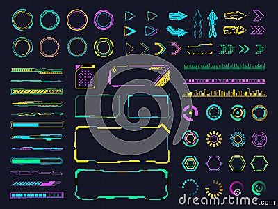 Interface hud elements. Digital holographic hud bars and frames, user screen menu elements. Futuristic hologram panels Cartoon Illustration