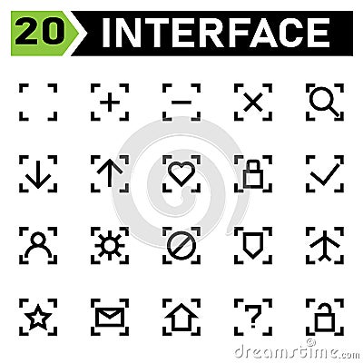 Interface icon include blank, square, interface, plus, add, new, open, minus, delete, remove, cross, close, search, looking, find Vector Illustration