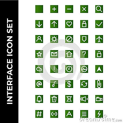 Interface icon set include square,plus,minus,cross,search,download,upload,hearth,lock,check,user,setting,block,secure,airplane, Vector Illustration