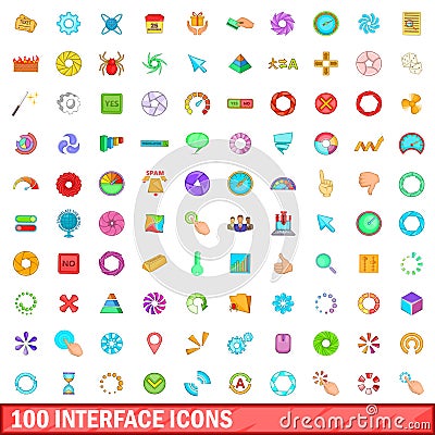 100 interface icons set, cartoon style Vector Illustration
