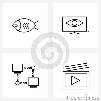4 Interface Line Icon Set of modern symbols on fishing; internet; travel; computer; film slate Vector Illustration
