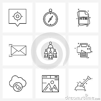 9 Interface Line Icon Set of modern symbols on hierarchy, envelope, file type, email, delivered letter Vector Illustration