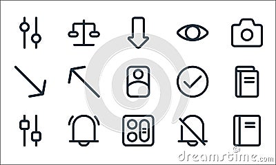 interface line icons. linear set. quality vector line set such as book, button, setting, mute, notification, down right, complete Vector Illustration
