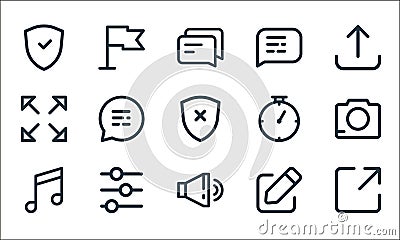 interface line icons. linear set. quality vector line set such as resizing, sound, music, edit, equalizer, resize, stopwatch, chat Vector Illustration