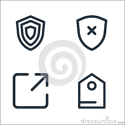 interface line icons. linear set. quality vector line set such as tag, resizing, cross shield Vector Illustration
