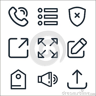 interface line icons. linear set. quality vector line set such as upload, sound, tag, edit, resize, resizing, cross shield, add Vector Illustration