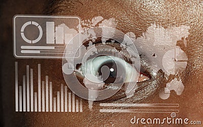 Interface modern technology and digital layer effect in front of close up human eye full of sadness as business, finance Stock Photo