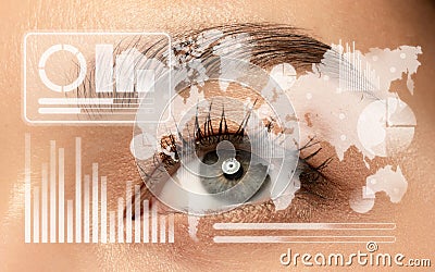 Interface modern technology and digital layer effect in front of close up human eye full of sadness as business, finance Stock Photo