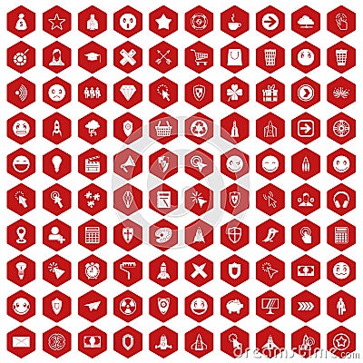 100 interface pictogram icons hexagon red Vector Illustration