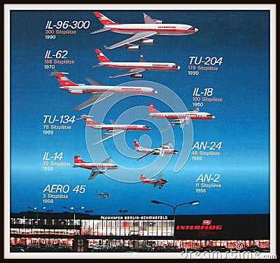 INTERFLUG poster, East Germany airline, late 1980-s Editorial Stock Photo