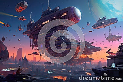 intergalactic chase scene, with spaceships of different shapes and sizes flying through the city Stock Photo