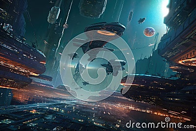 intergalactic chase scene, with spaceships of different shapes and sizes flying through the city Stock Photo