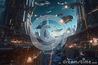 intergalactic chase scene, with spaceships of different shapes and sizes flying through the city Stock Photo