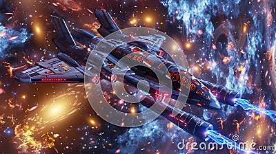 16 Intergalactic 3D cartoon spaceship navigating through an exploding galaxy Stock Photo
