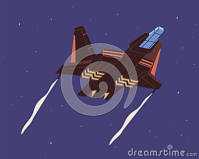 Intergalactic spaceship flying in outer space. Spacecraft flight on sky background. Spaceflight of cosmic shuttle Vector Illustration