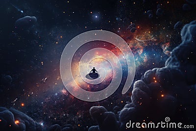 intergalactic traveler floating among colorful nebula, surrounded by starfields Stock Photo