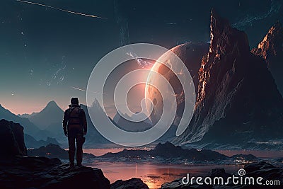 intergalactic traveler marvels at the stunning beauty of a distant planet Stock Photo