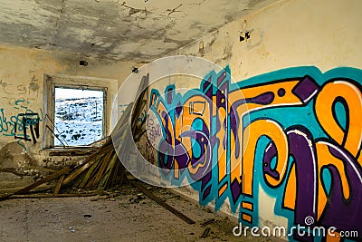 Interior of abandoned building in ruins. Monte Grappa, Vicenza, Italy Editorial Stock Photo