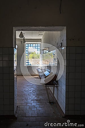 Abandoned industrial interior. Old damaged checkroom Stock Photo