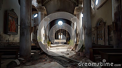 Interior of catholic church, obsolete and ruined, AI generative Stock Photo