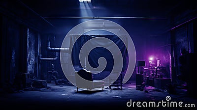 Interior of abandoned industrial building with lights and smoke. Mixed media Stock Photo