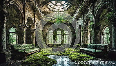 Interior of Abandoned luxury mansion completely covered with moss Stock Photo