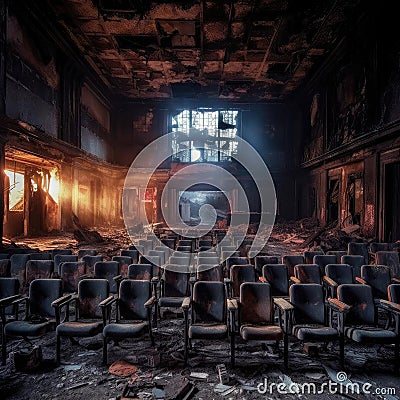 Interior of abandoned theater with empty chairs Stock Photo