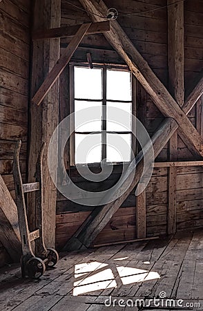 Interior of an abandoned wooden house Stock Photo