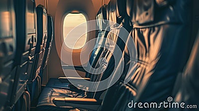 The interior of an aircraft with rows of empty seats near a window, Ai Generated Stock Photo