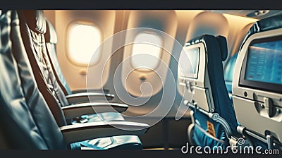 The interior of an aircraft with rows of empty seats near a window, Ai Generated Stock Photo