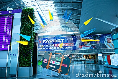 The interior of the airport Borispol, advertising banners Editorial Stock Photo