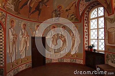 Interior, altar, icons, frescoes, baptismal font, in the old russian traditional orthodox church Stock Photo