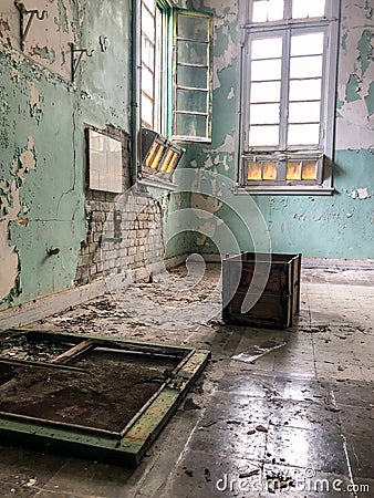 Interior of Amiantos abandoned hospital in mountain region of Trodos, Cyprus Stock Photo