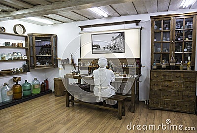 Interior of an ancient Mountain pharmacy in Barnaul, laboratory. Altai Region, Siberia Editorial Stock Photo