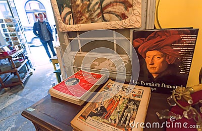 Interior of antique book store with comic magazines and souvenirs Editorial Stock Photo