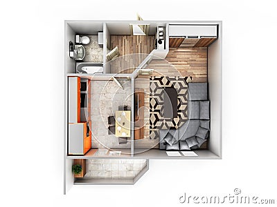 Interior apartment roofless top view apartment layout 3d render Stock Photo