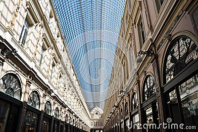 Interior architecture and glass domed roof of the Galeries Royales Saint-Hubert, Brussels Editorial Stock Photo