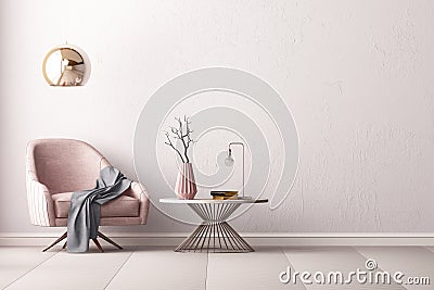 Interior with an armchair and a little table on a background of an empty wall, 3D render, 3d illustration. Stock Photo