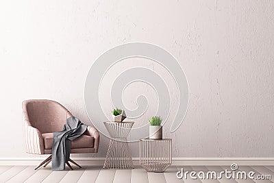 Interior with an armchair and a little table on a background of an empty wall, 3D render, 3d illustration. Stock Photo