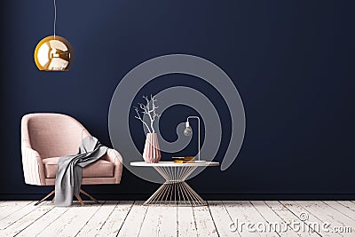 Interior with an armchair and a little table on a background of an empty wall, 3D render, 3d illustration. Stock Photo