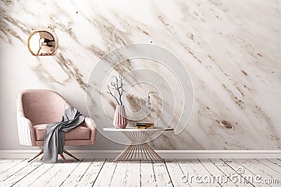 Interior with armchair and a table on a background of a marble wall, 3d render, 3d illustration Stock Photo