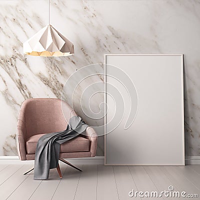 Interior with armchair and a table on a background of a marble wall, 3d render, 3d illustrationMock up poster in the interior with Stock Photo