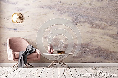 Interior with armchair and a table on a background of a marble wall, 3d render, 3d illustrationMock up poster in the interior with Stock Photo