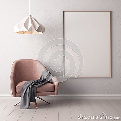 Interior with armchair and a table on a background of a marble wall, 3d render, 3d illustrationMock up poster in the interior with Stock Photo